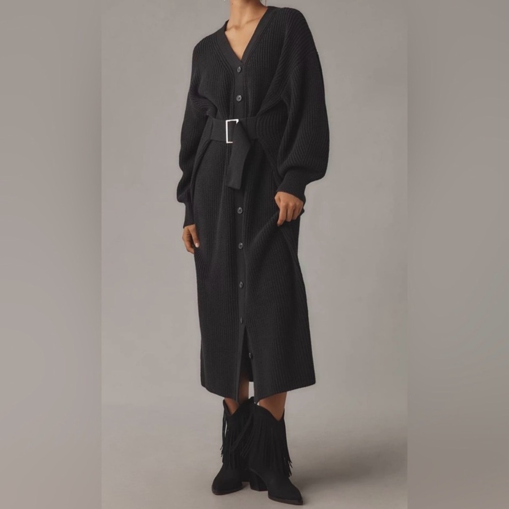 Anthropologie Long-Sleeve Belted Cardigan Knit Sweater Midi Dress Black 2X